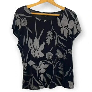 VTG Briggs Women's Black Beige Cling Top Short Sleeve Large Floral Y2K